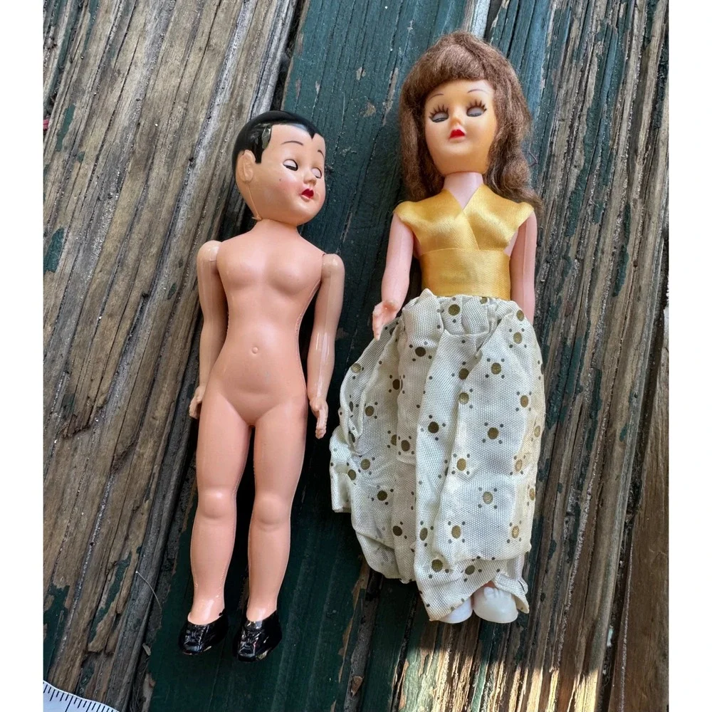 Vintage Plastic Sleep Eye Dolls Male and Female Pair 7.5 Inch Mid-Century Toy